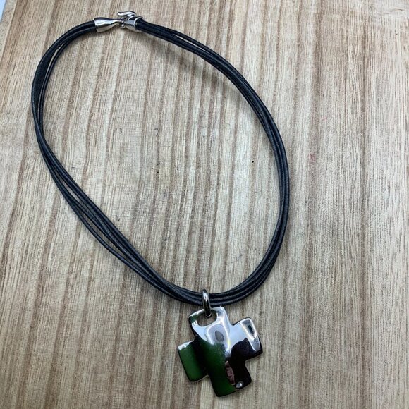 Nine West Cross Silver Tone Multi Strands Leather Necklace - Picture 2 of 6